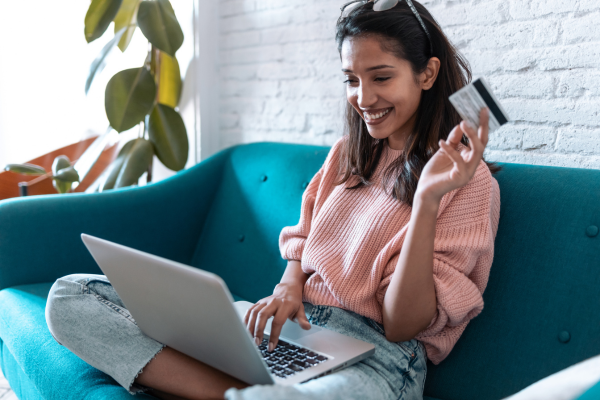 happy woman online shopping